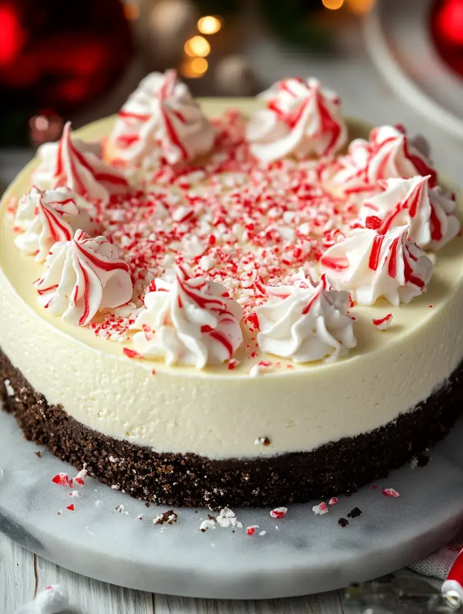 A holiday dessert with cream swirls and candy bits displayed on a marble surface.