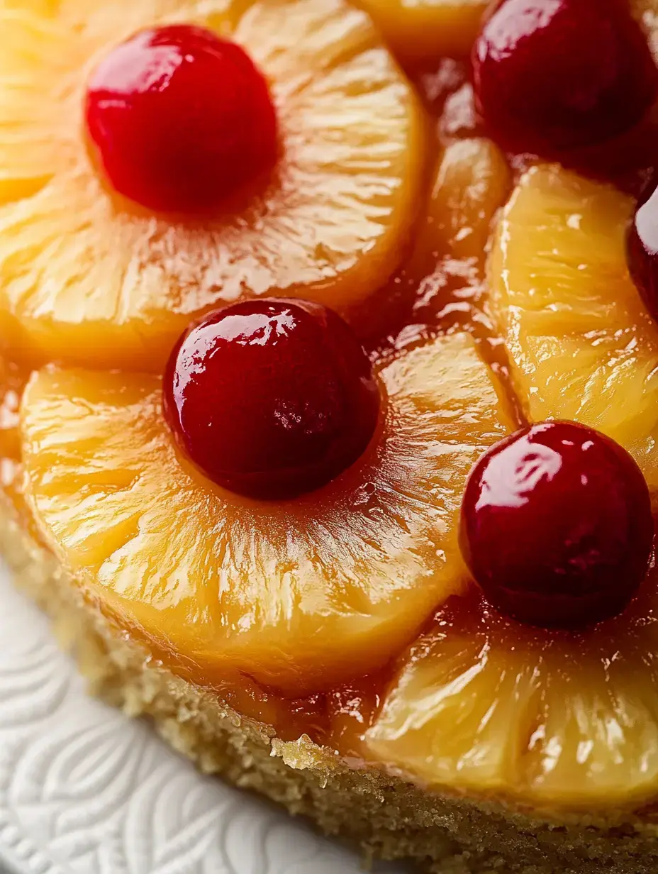A dessert closeup showing pineapple rings and bright red maraschino cherries on top.