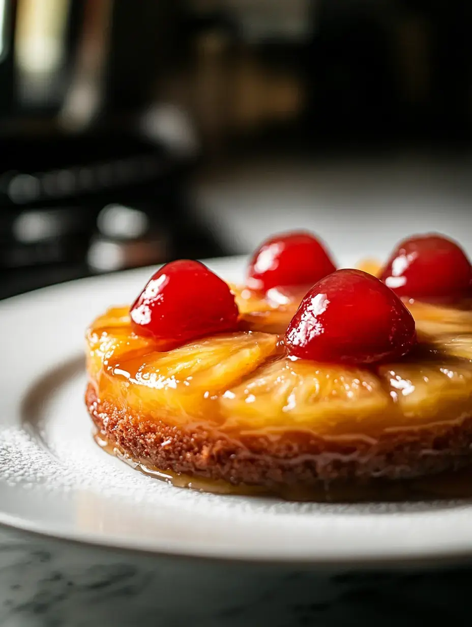 A shiny pineapple upside-down cake with bright red cherries sits on a white plate.