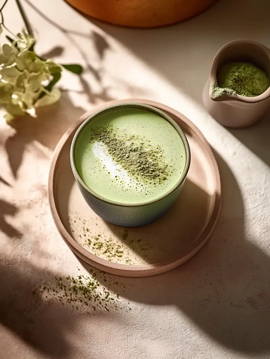 A green matcha beverage in a textured mug on a saucer with matcha powder scattered around, bathed in gentle natural light.