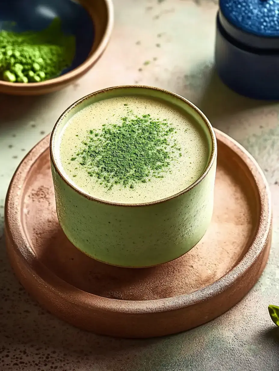 A ceramic cup holding green matcha with green tea powder sprinkled on top, sitting on a clay plate with bowls of powder nearby.