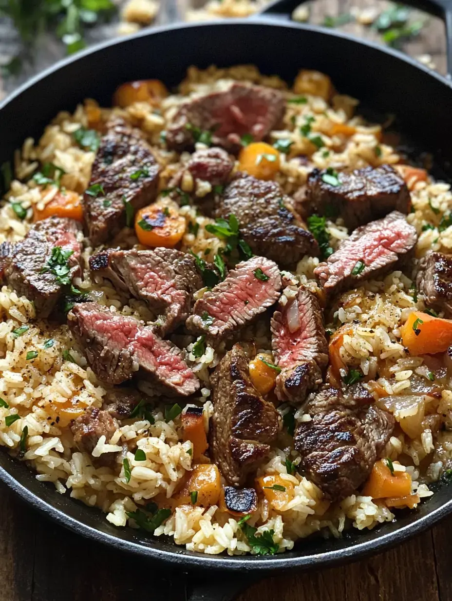 A pan loaded with succulent steak chunks mixed with fluffy rice and colorful bell peppers, topped with fresh green parsley.
