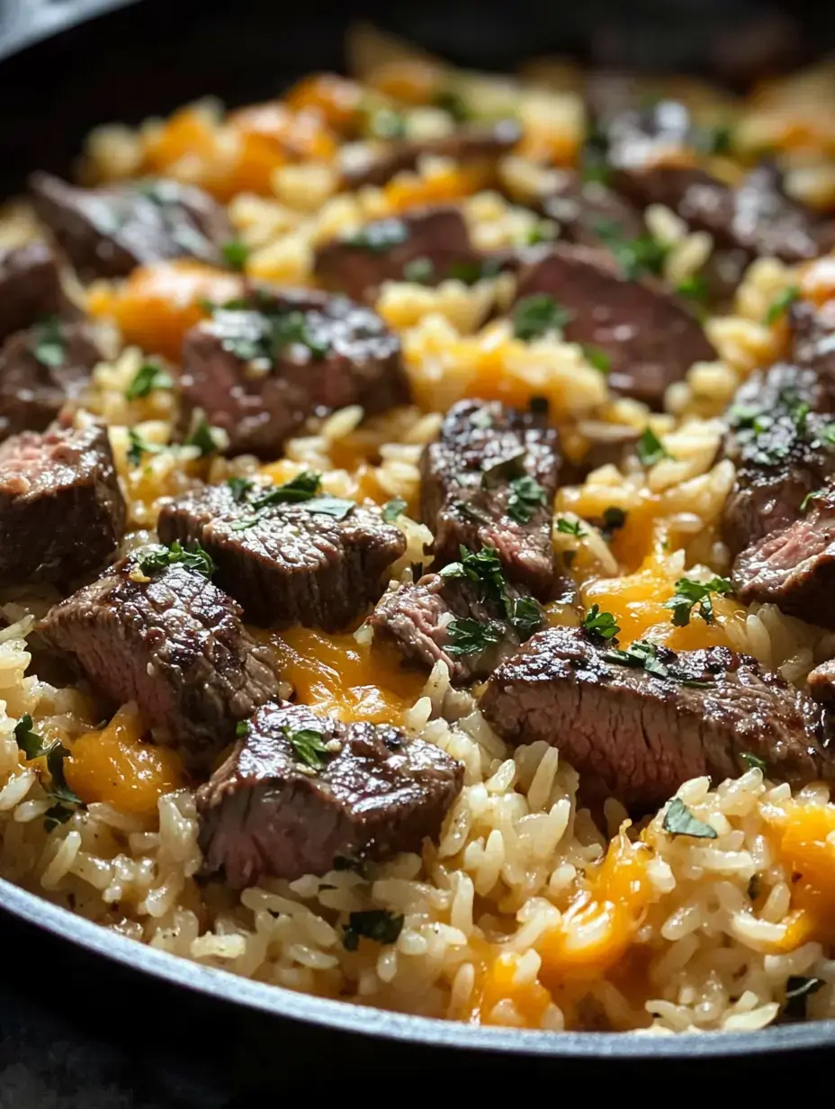 A skillet showing juicy beef chunks nestled in fluffy rice, covered with melted cheese and sprinkled with freshly chopped herbs.