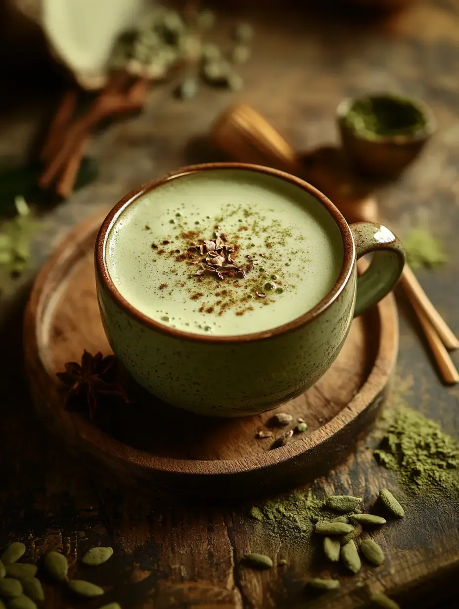 A wooden tray holding a spice-topped green matcha drink surrounded by powder and seed garnishes.