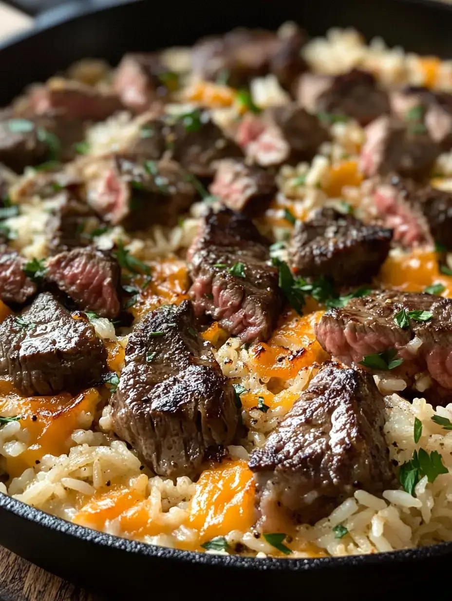 A pan showing sizzling seared steak pieces mixed with cheesy savory rice, decorated with bright fresh herbs.