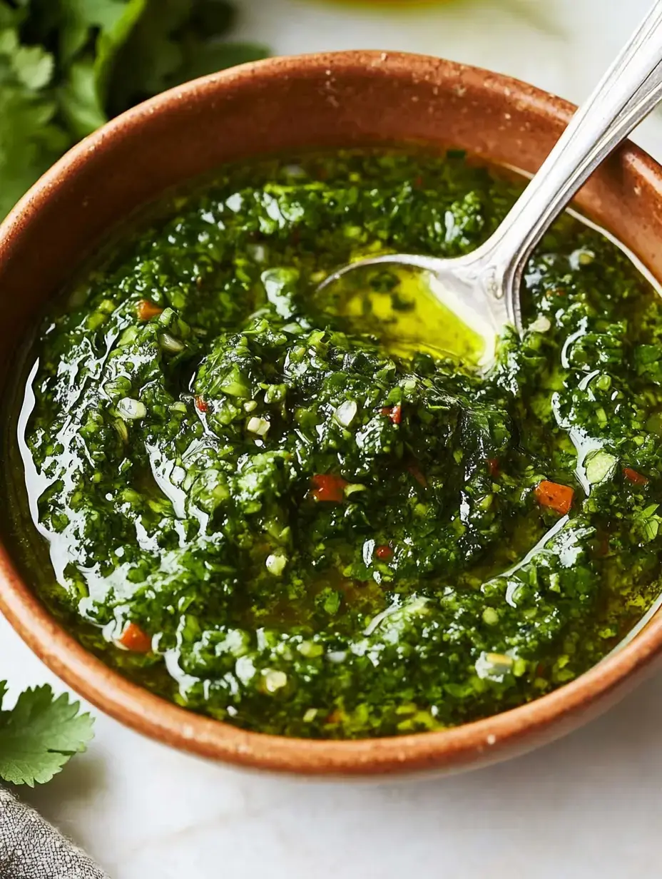 A tiny earthen bowl with bright green sauce, sprinkled with herbs and a metal spoon resting inside.