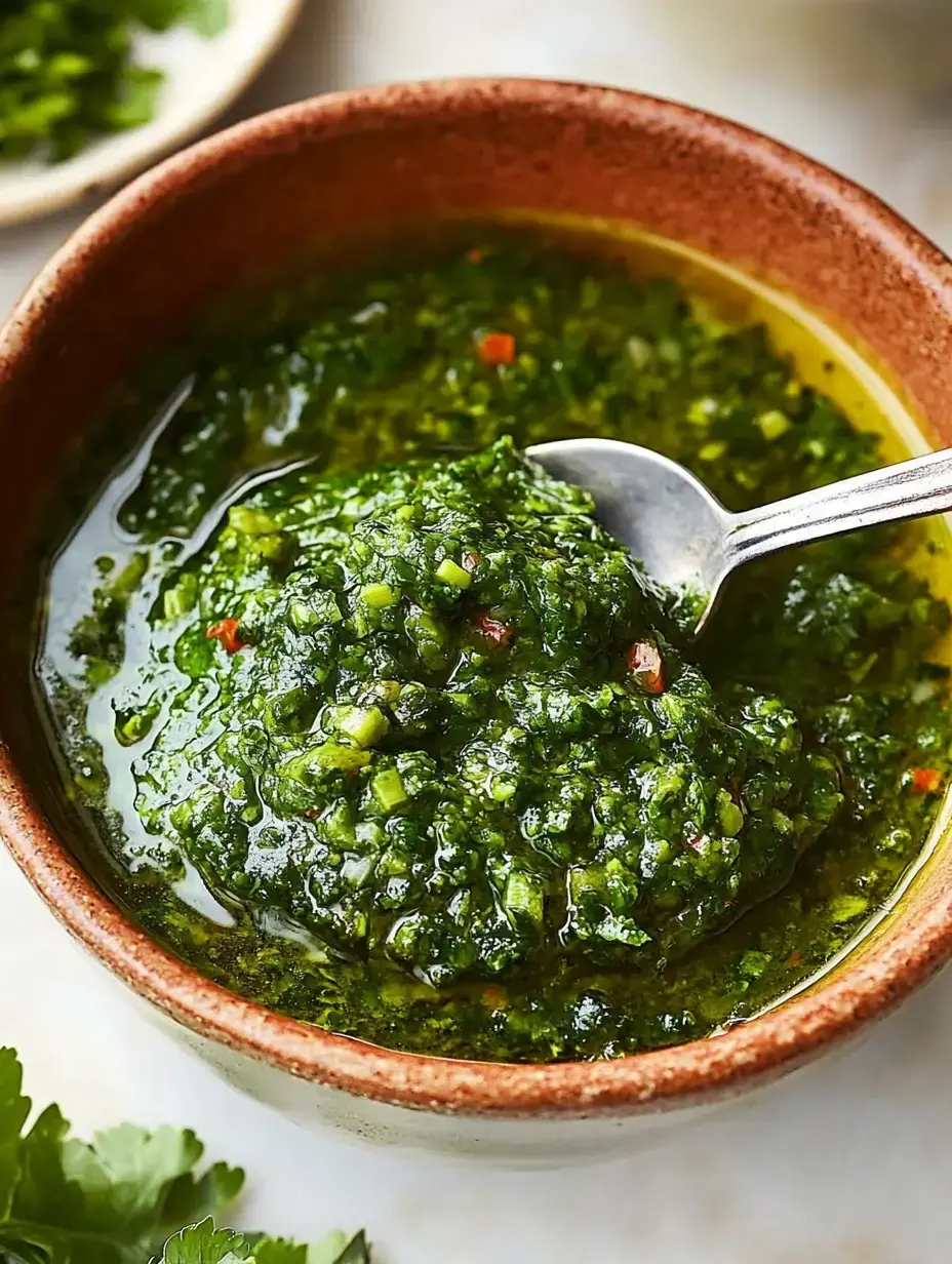 A container of lush green chimichurri with herb pieces and seasonings visible, including a utensil dipped inside.