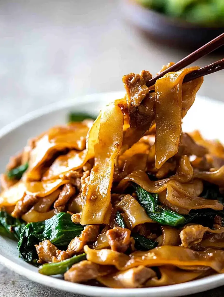 A plate of stir-fried flat rice noodles with pieces of meat and greens, being lifted by chopsticks.