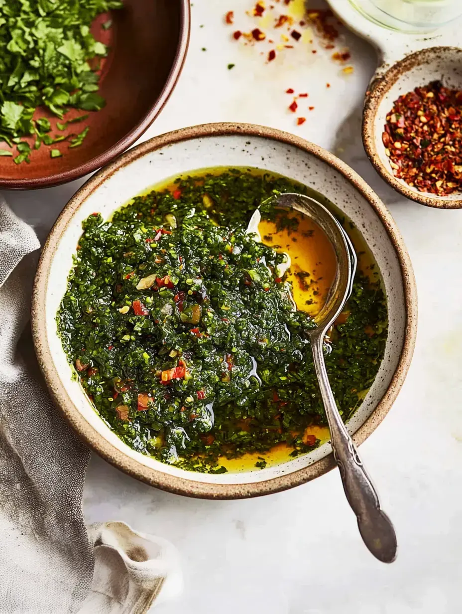 A dish of bright green sauce containing herbs and seasonings, next to freshly cut cilantro and red chili flakes.