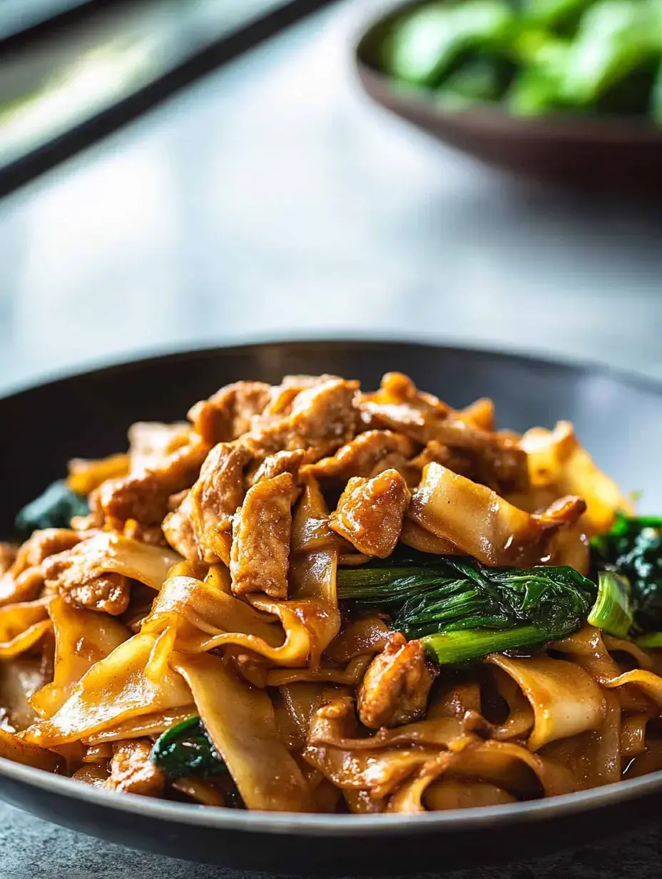 A close-up of a plate of stir-fried flat noodles with sliced pork and greens.