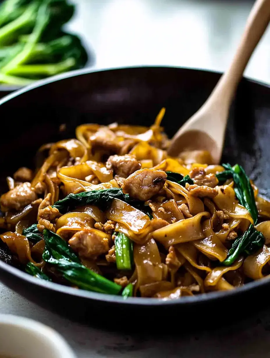 A close-up view of stir-fried flat noodles with chicken and greens in a dark bowl, with a wooden spoon resting on the side.