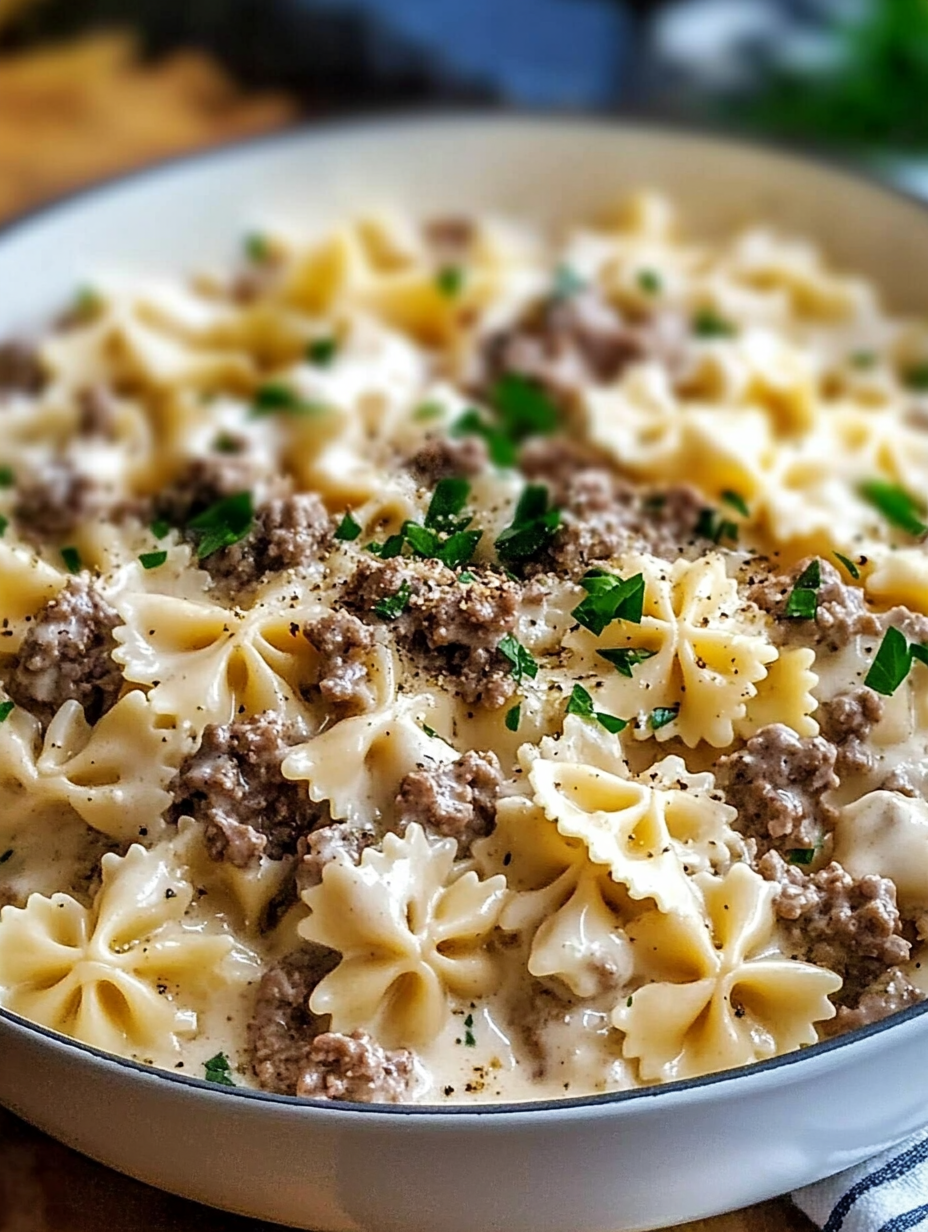 The Best Beef and Bowtie Pasta with Alfredo Sauce