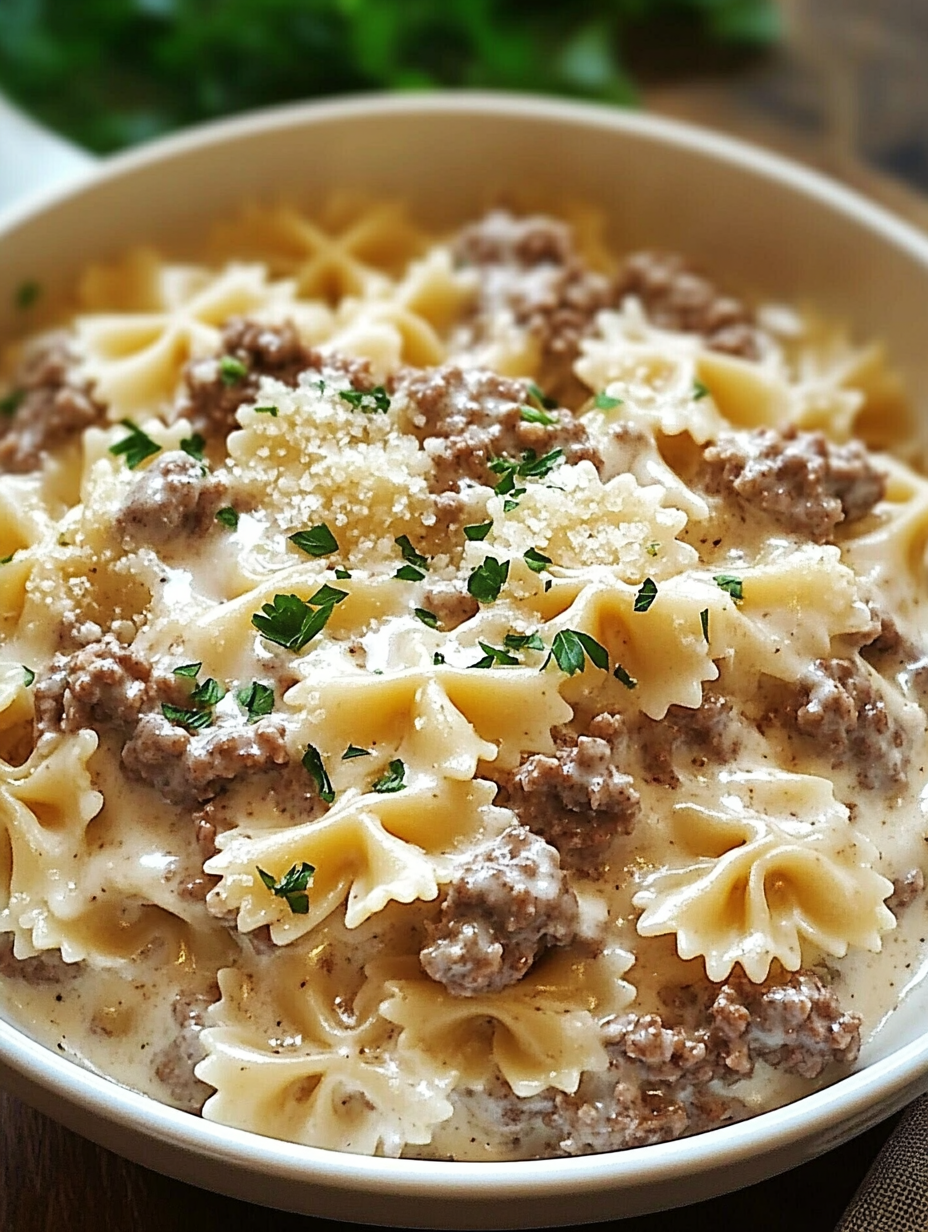 Beef and Bowtie Pasta with Alfredo Sauce Recipe