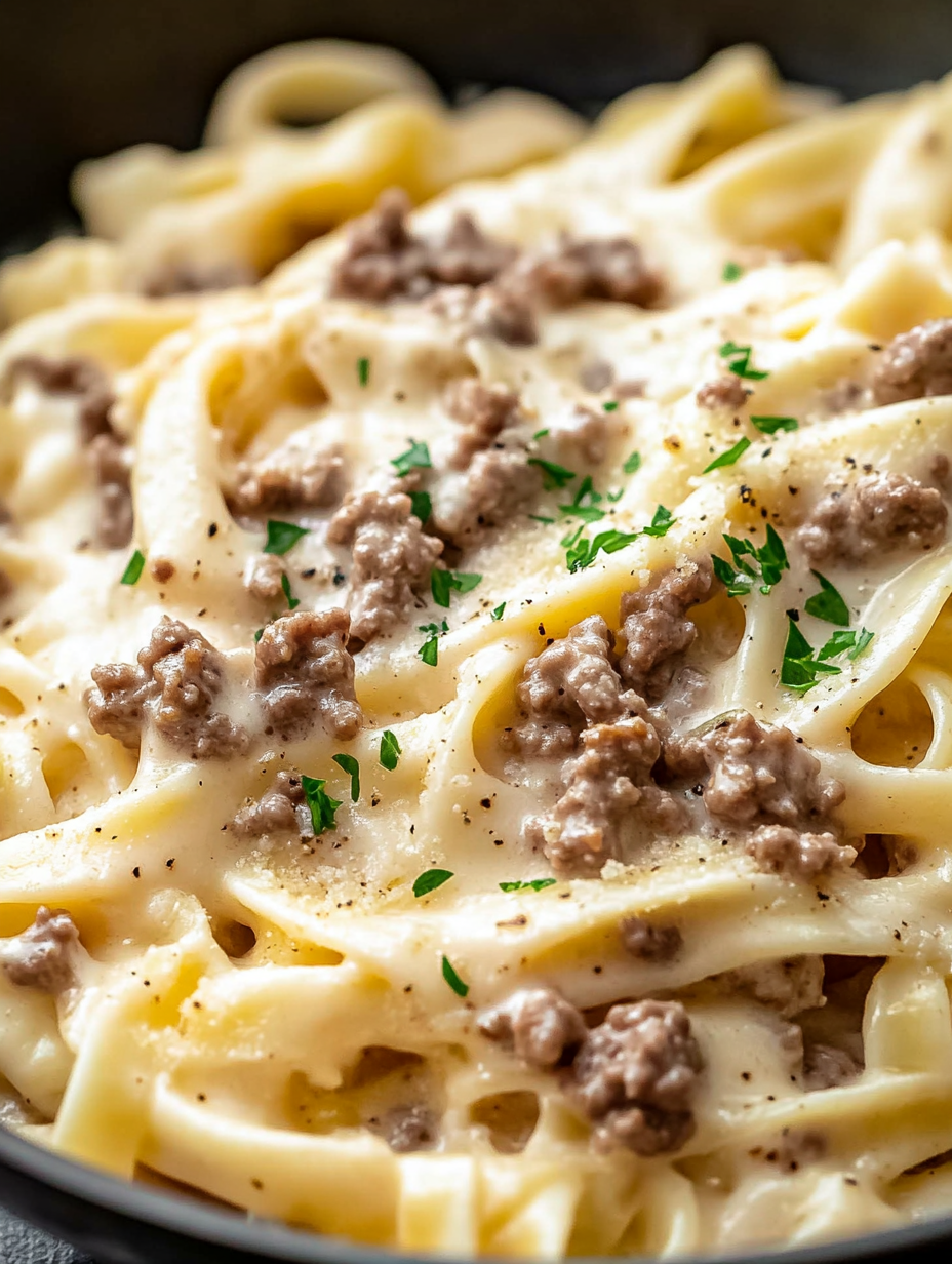 The Best Creamy Ground Beef Alfredo Pasta