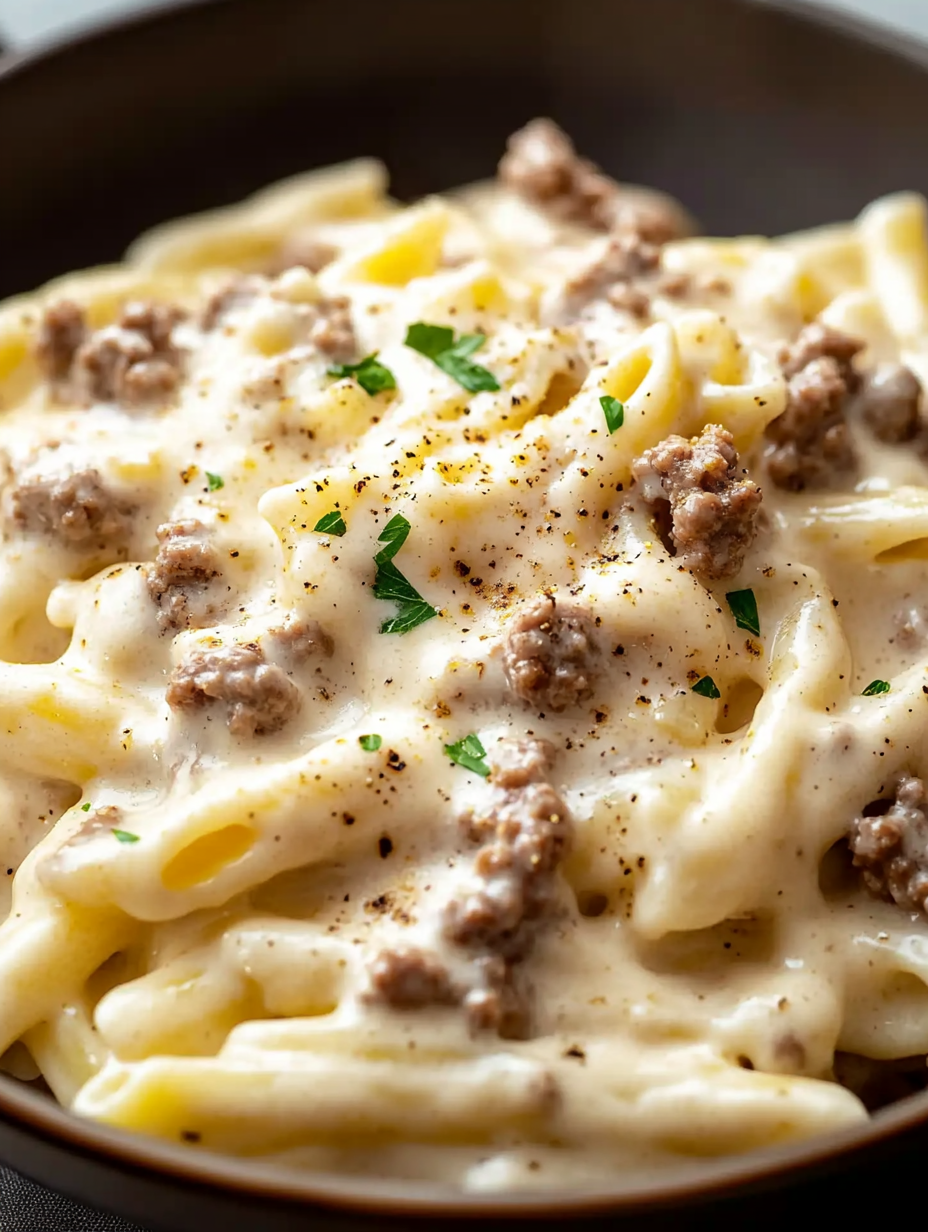 Creamy Ground Beef Alfredo Pasta