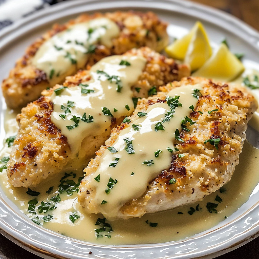 Lemon Pecorino Crusted Chicken with Creamy Lemon Sauce Recipe