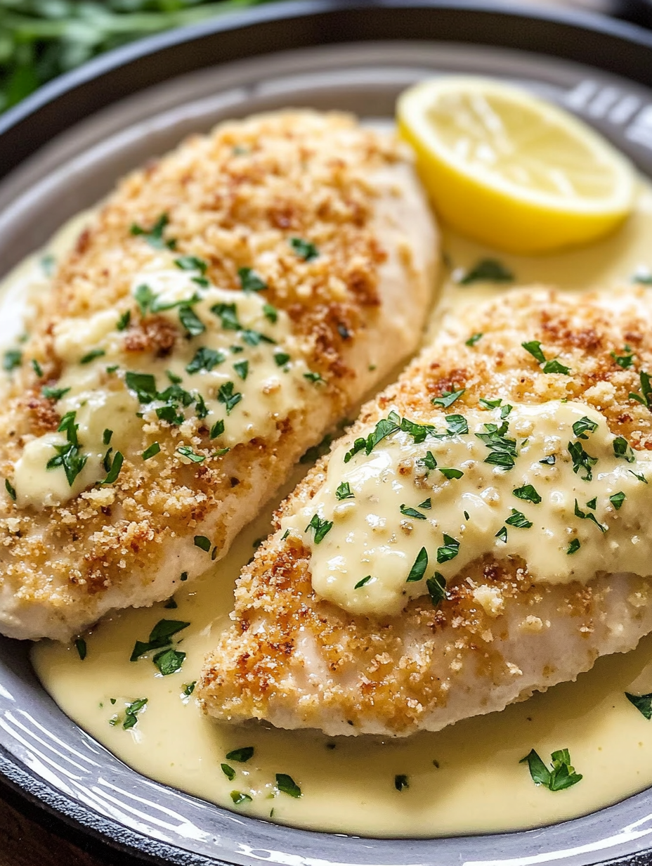 Lemon Pecorino Crusted Chicken with Creamy Lemon Sauce