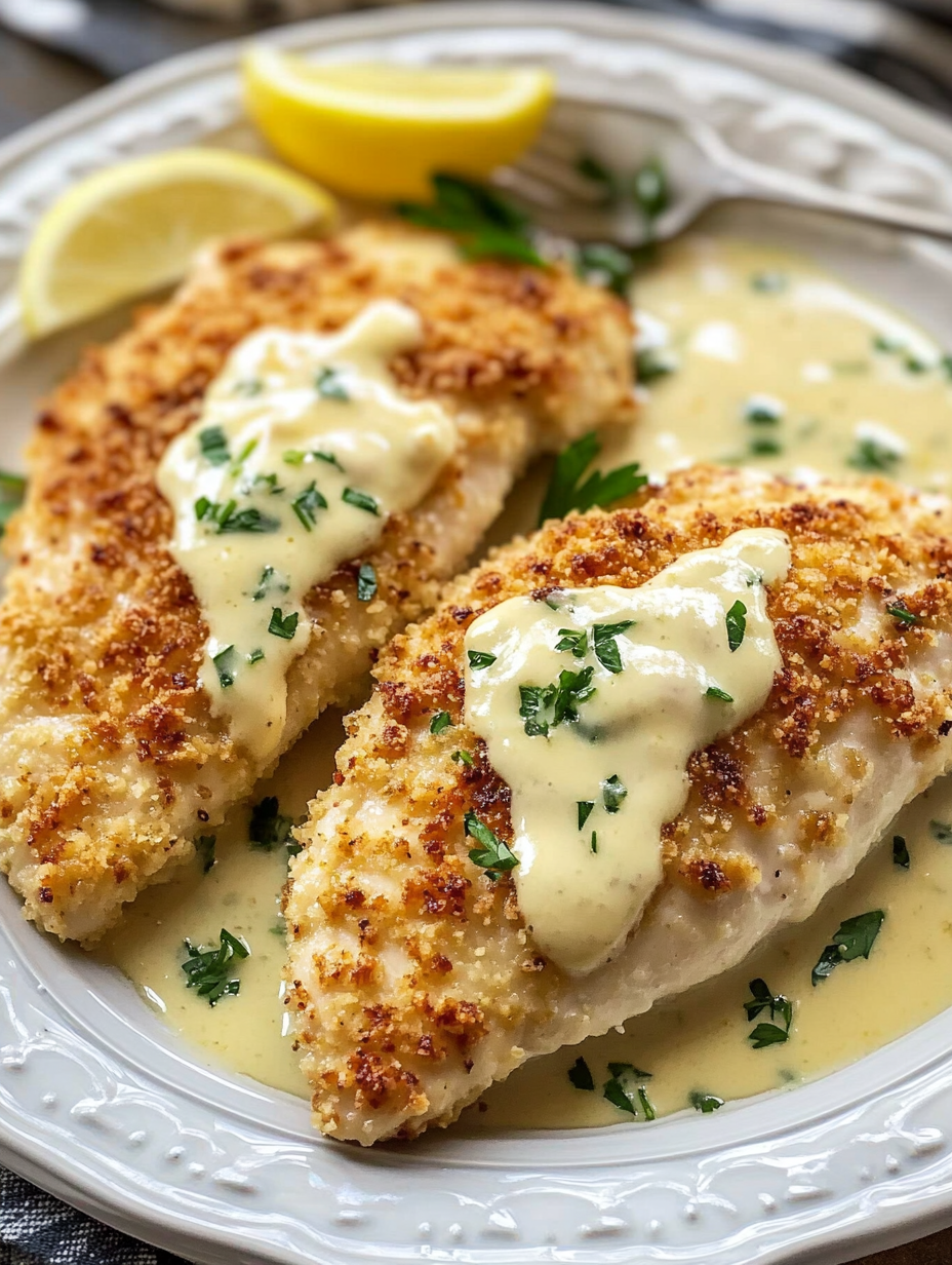 The Best Lemon Pecorino Crusted Chicken with Creamy Lemon Sauce