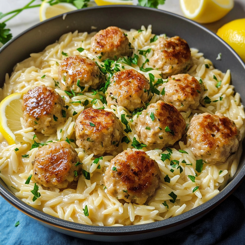 Lemon Garlic Chicken Meatballs with Creamy Orzo