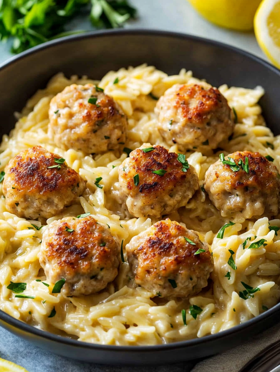 The Best Lemon Garlic Chicken Meatballs with Creamy Orzo