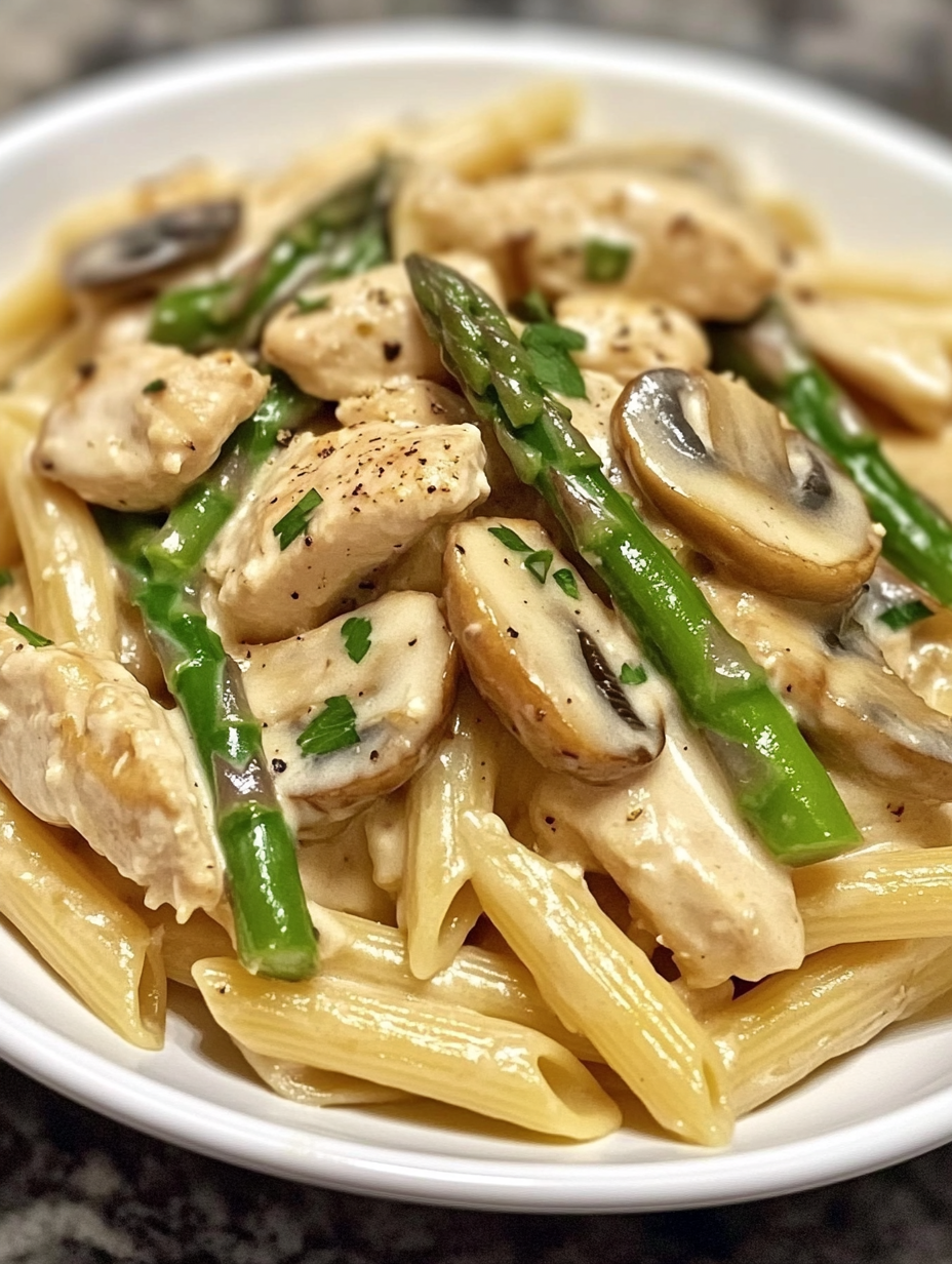 Creamy Mushroom and Asparagus Chicken Penne