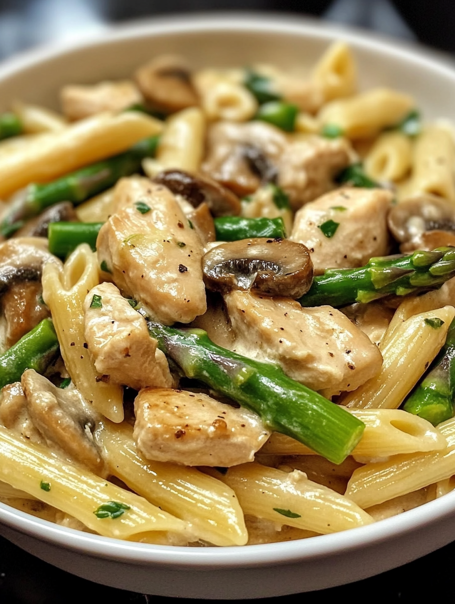 The Best Creamy Mushroom and Asparagus Chicken Penne