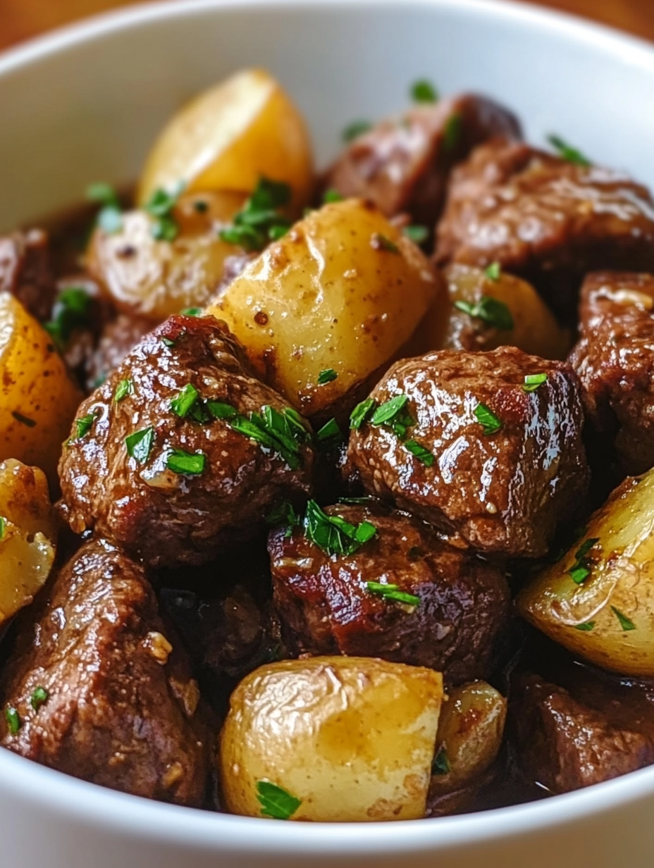 The Best Slow Cooker Garlic Butter Beef Bites and Potatoes