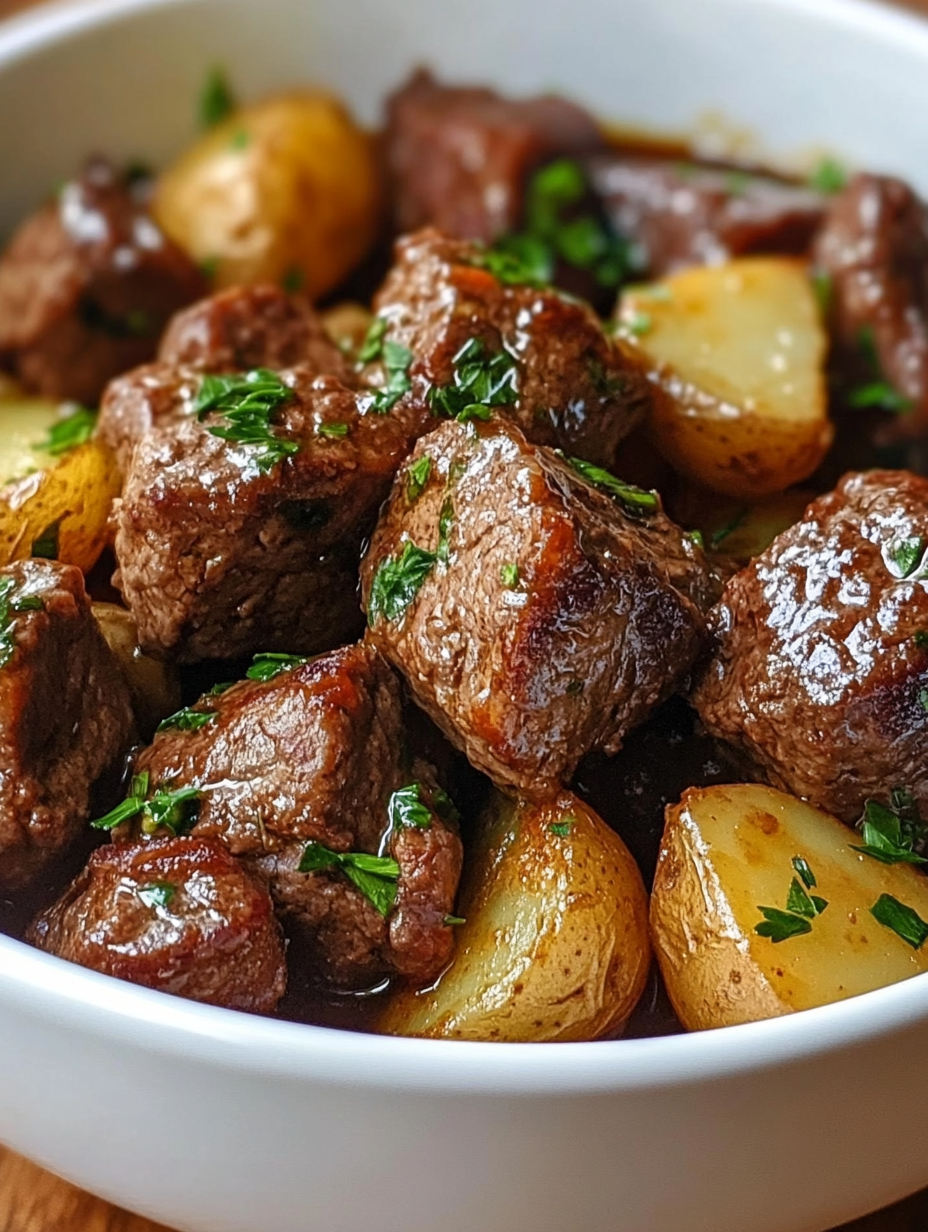 Slow Cooker Garlic Butter Beef Bites and Potatoes