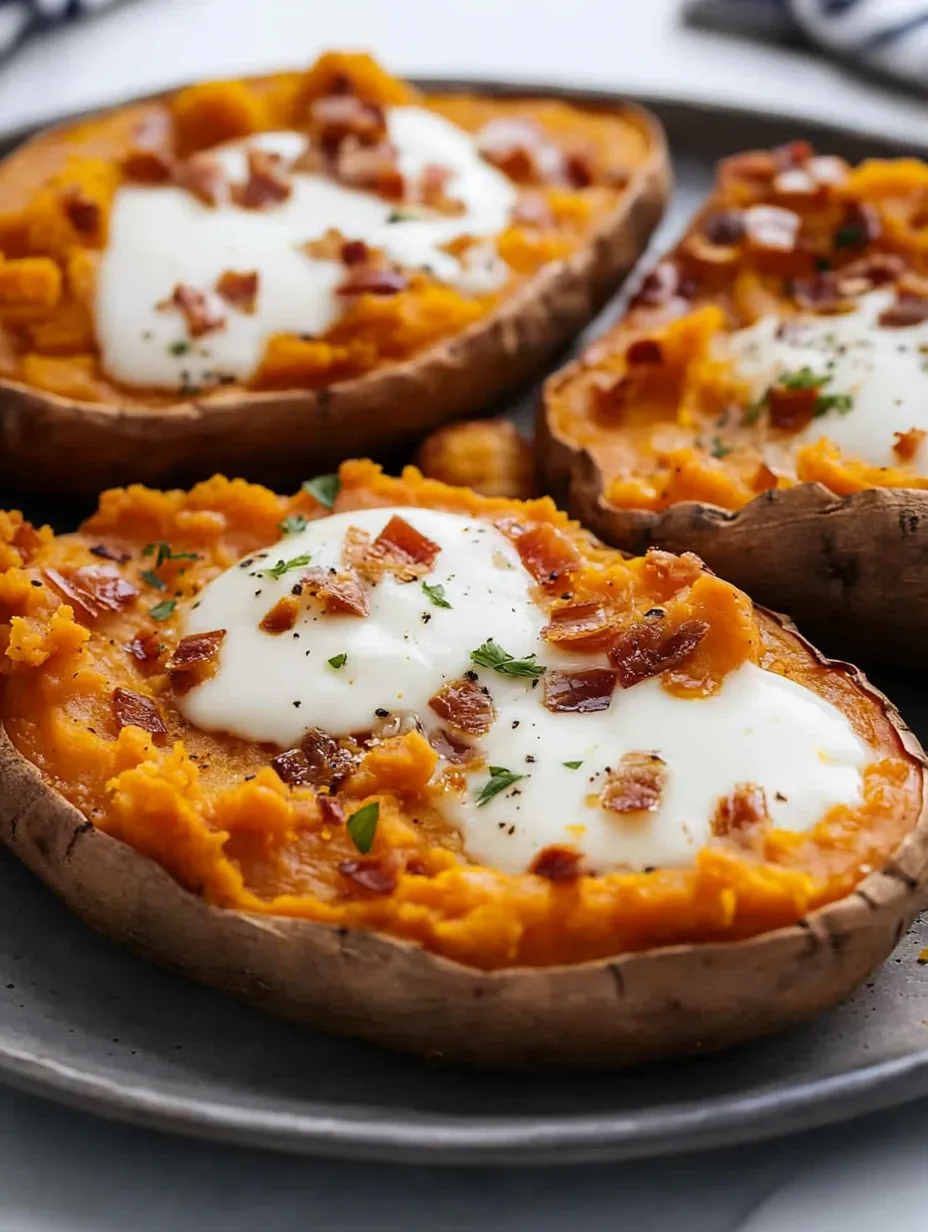 Breakfast Sweet Potatoes with Bacon, Egg & Cheese