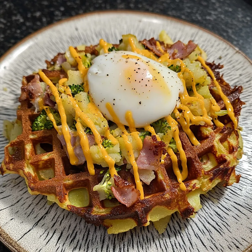 Golden Potato Waffles with Broccoli, Ham and Cheese