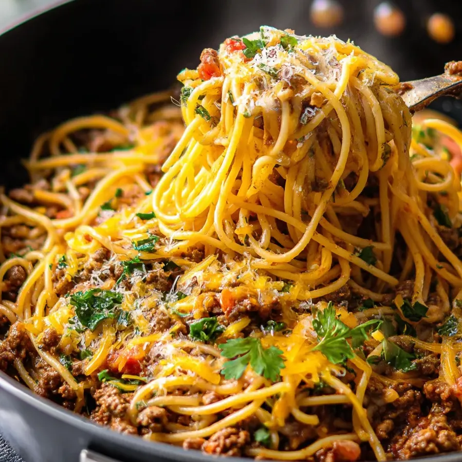 A plate of spaghetti with flavorful taco-seasoned meat.