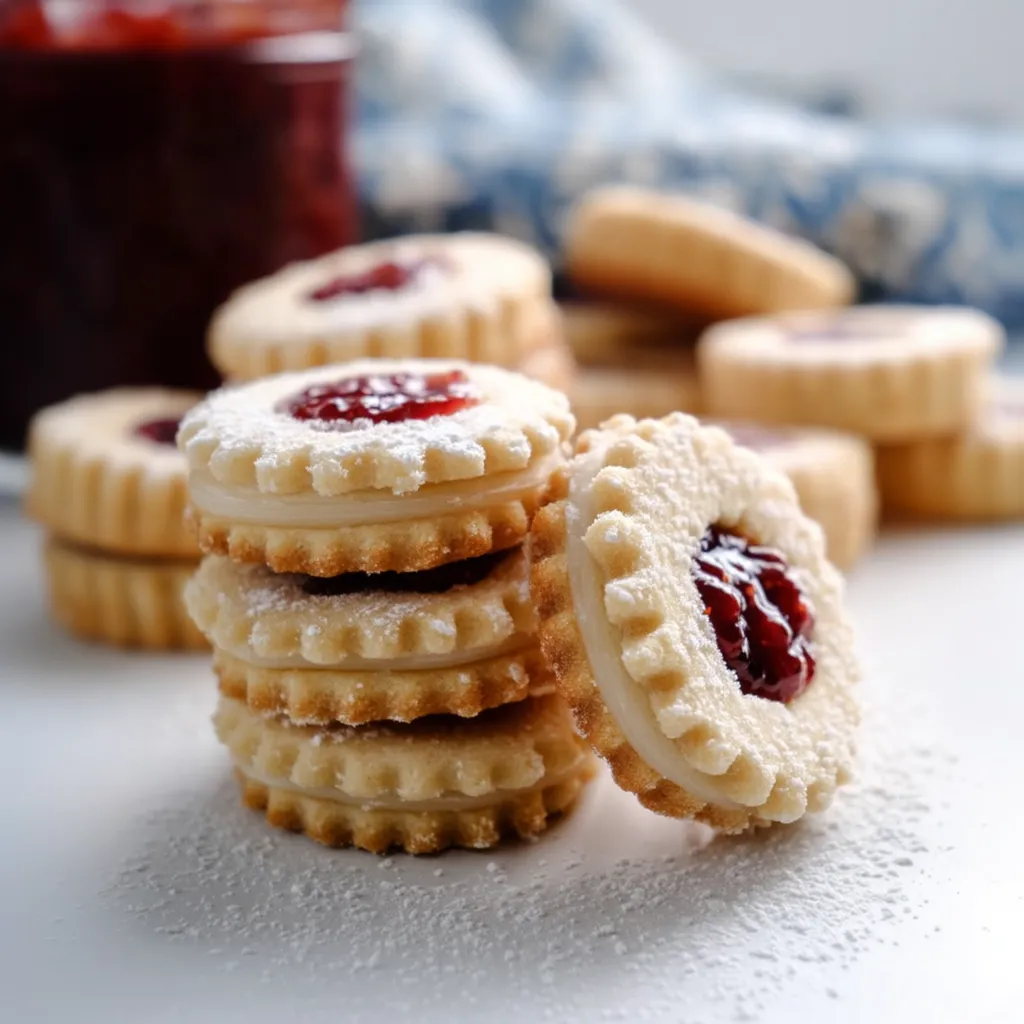 Tower of cookies topped with strawberry jam.