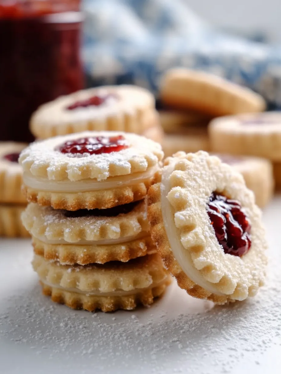A stack of cookies with jelly in the middle.