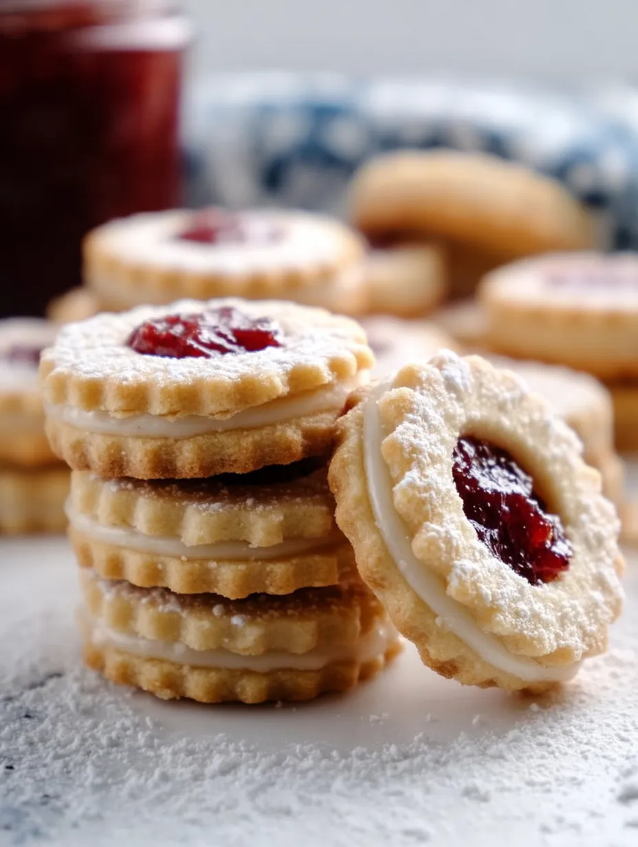 A stack of butter cookies with jam in the middle.