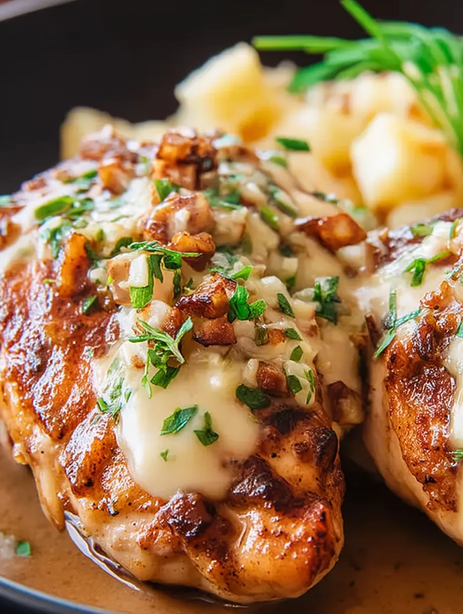 A close up of smothered chicken with jack cheese.