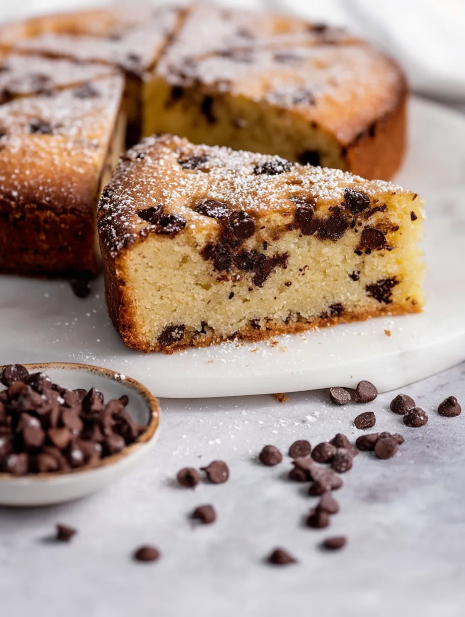 A slice of chocolate chip ricotta cake on top.