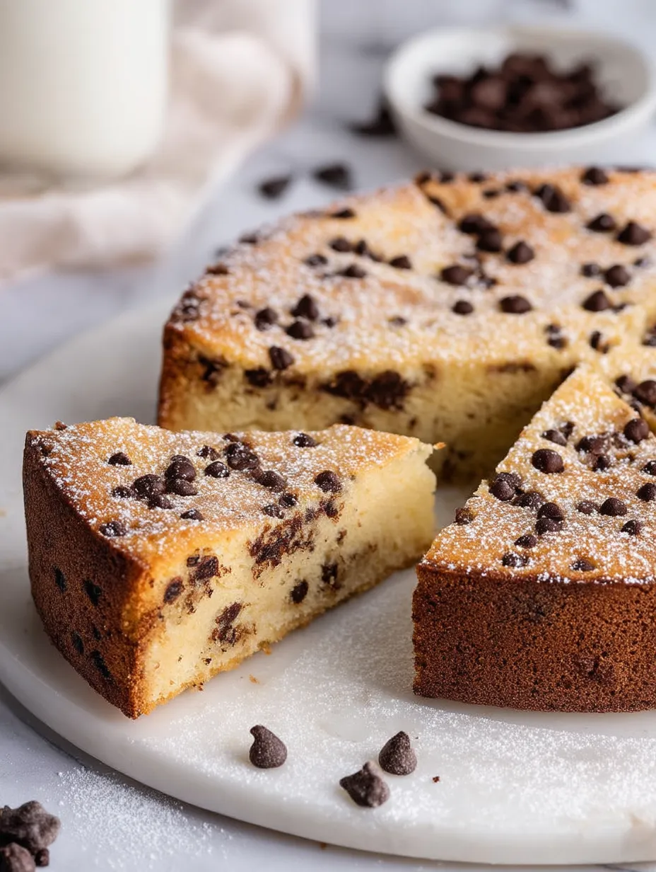 A slice of chocolate chip ricotta cake on a plate.