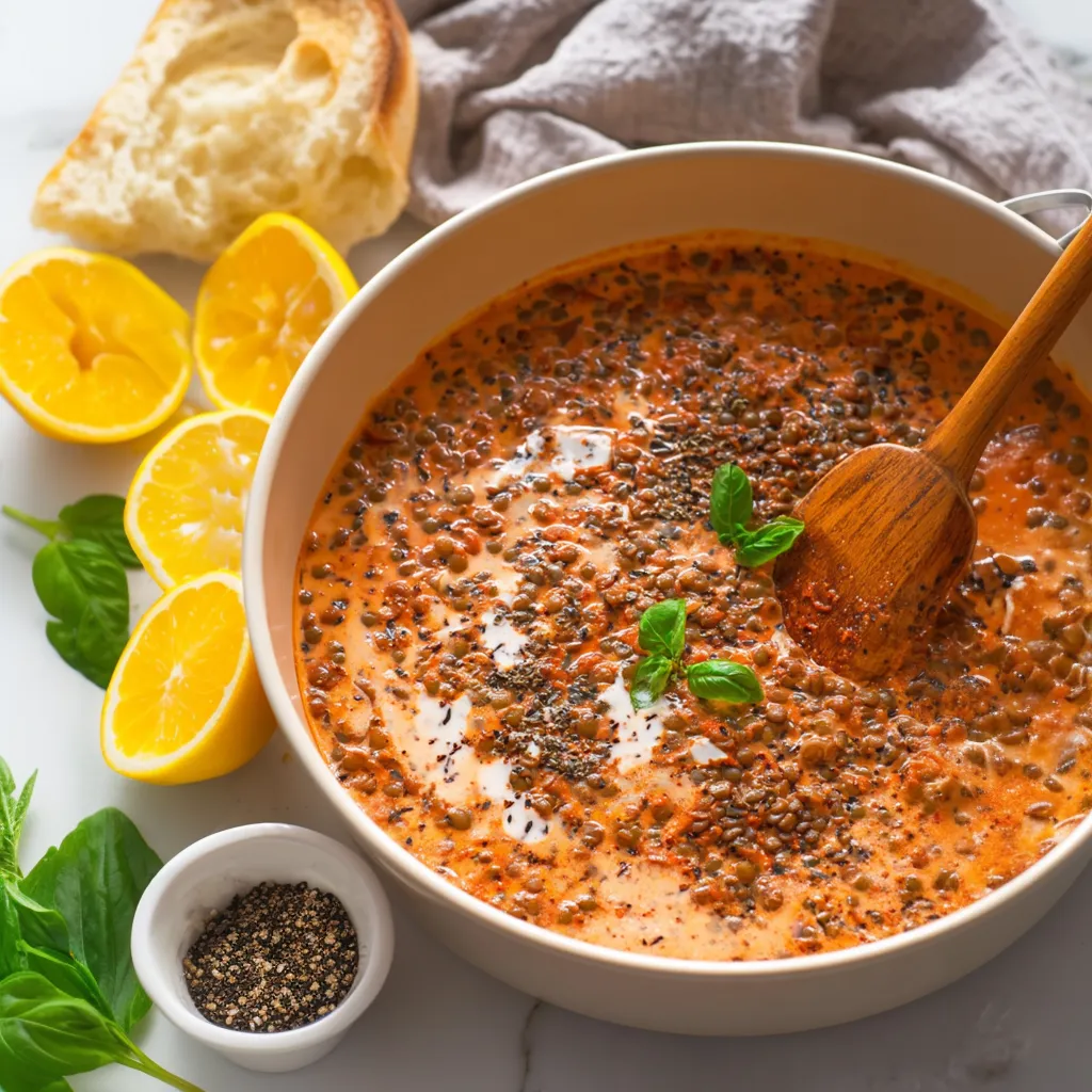 A pot of creamy lentils with sundried tomato sauce