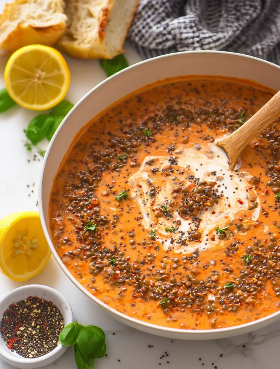 A bowl of creamy marry Me lentils recipe.