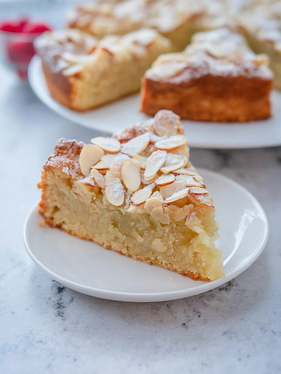 A slice of cake on a white plate.