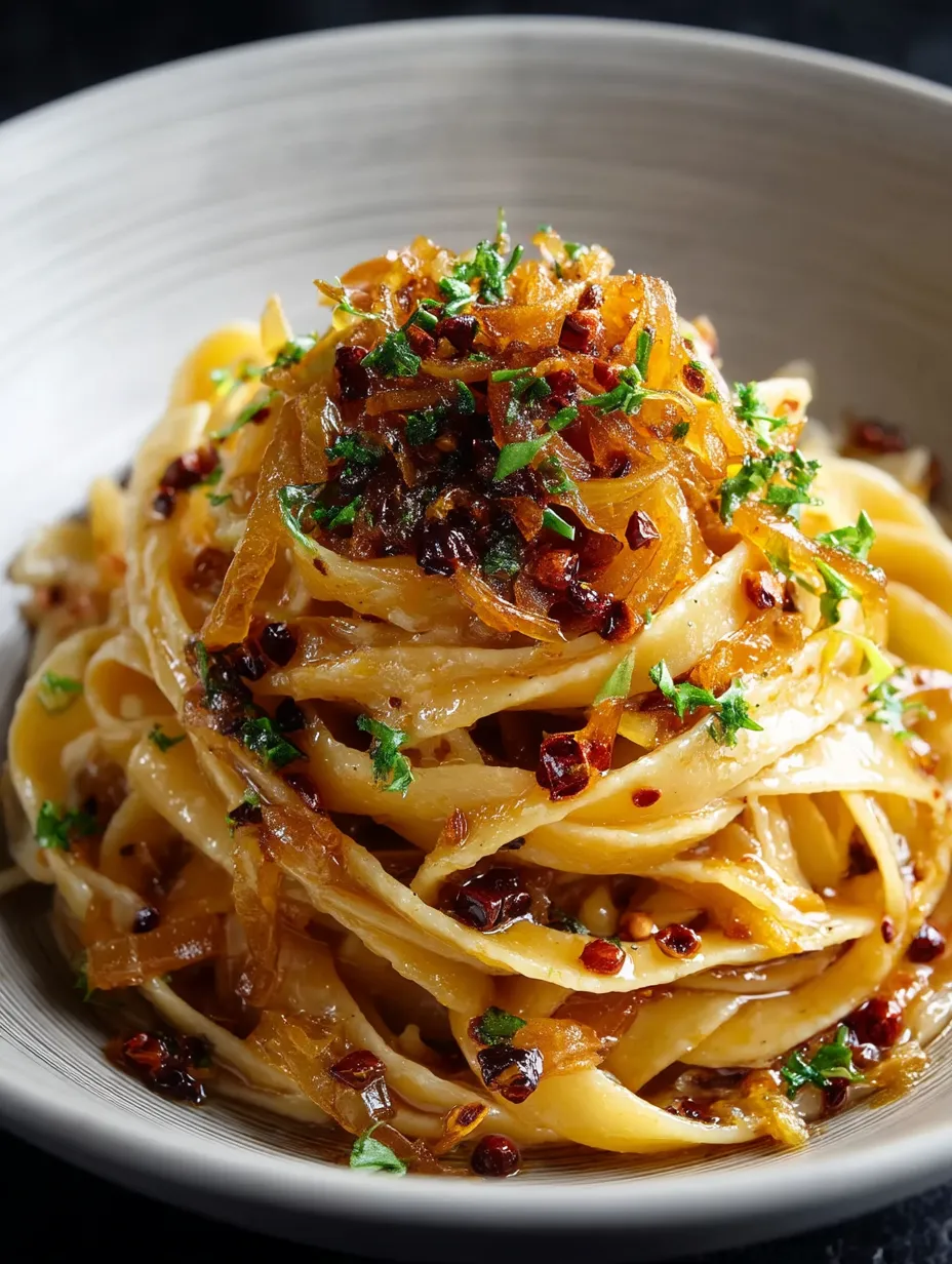 A bowl of pasta with peppers and onions.