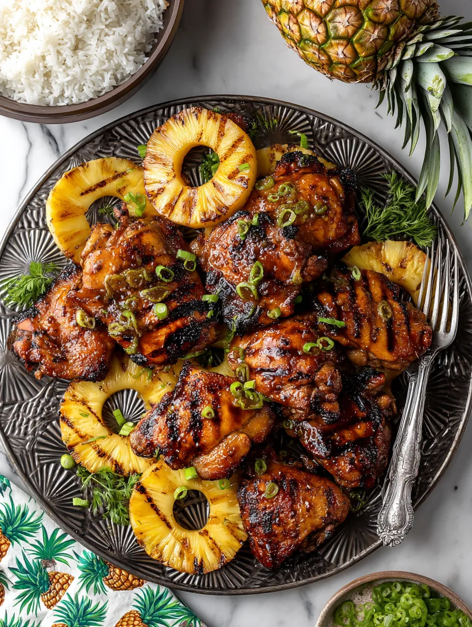 A plate of chicken with pineapple and green onions.