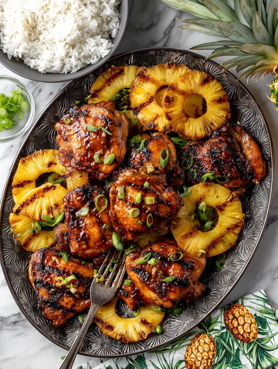A plate of food with pineapple and chicken.