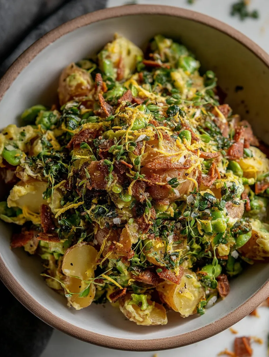 A bowl of lemon pepper smashed potato salad.