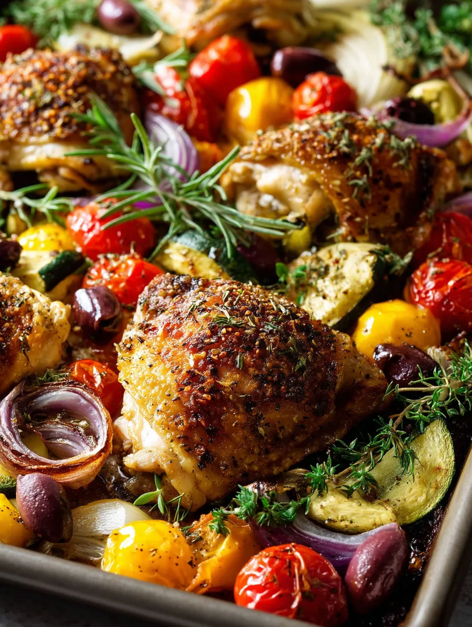 A pan of greek sheet pan chicken.