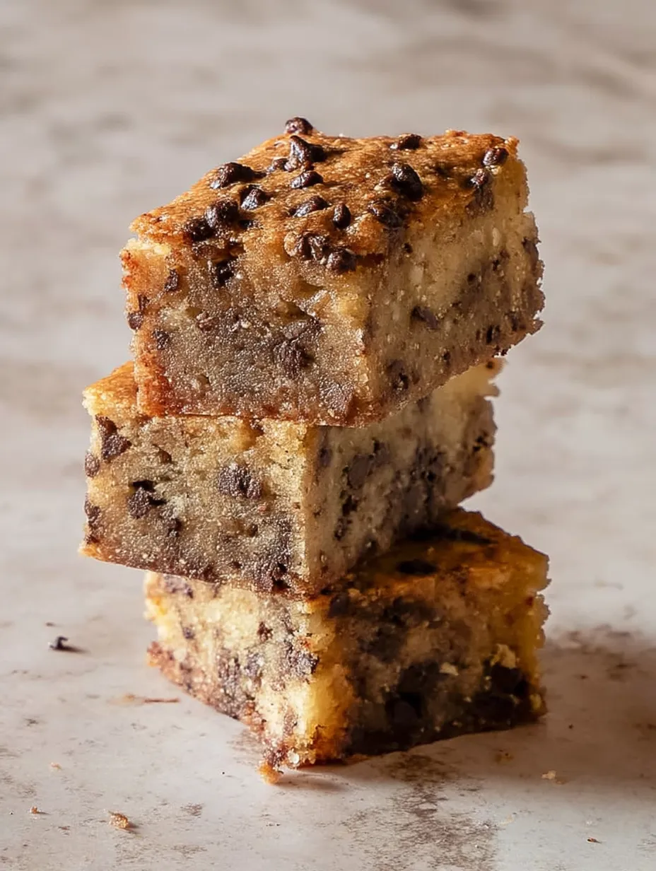 Three pieces of Chocolate chip banana bars.