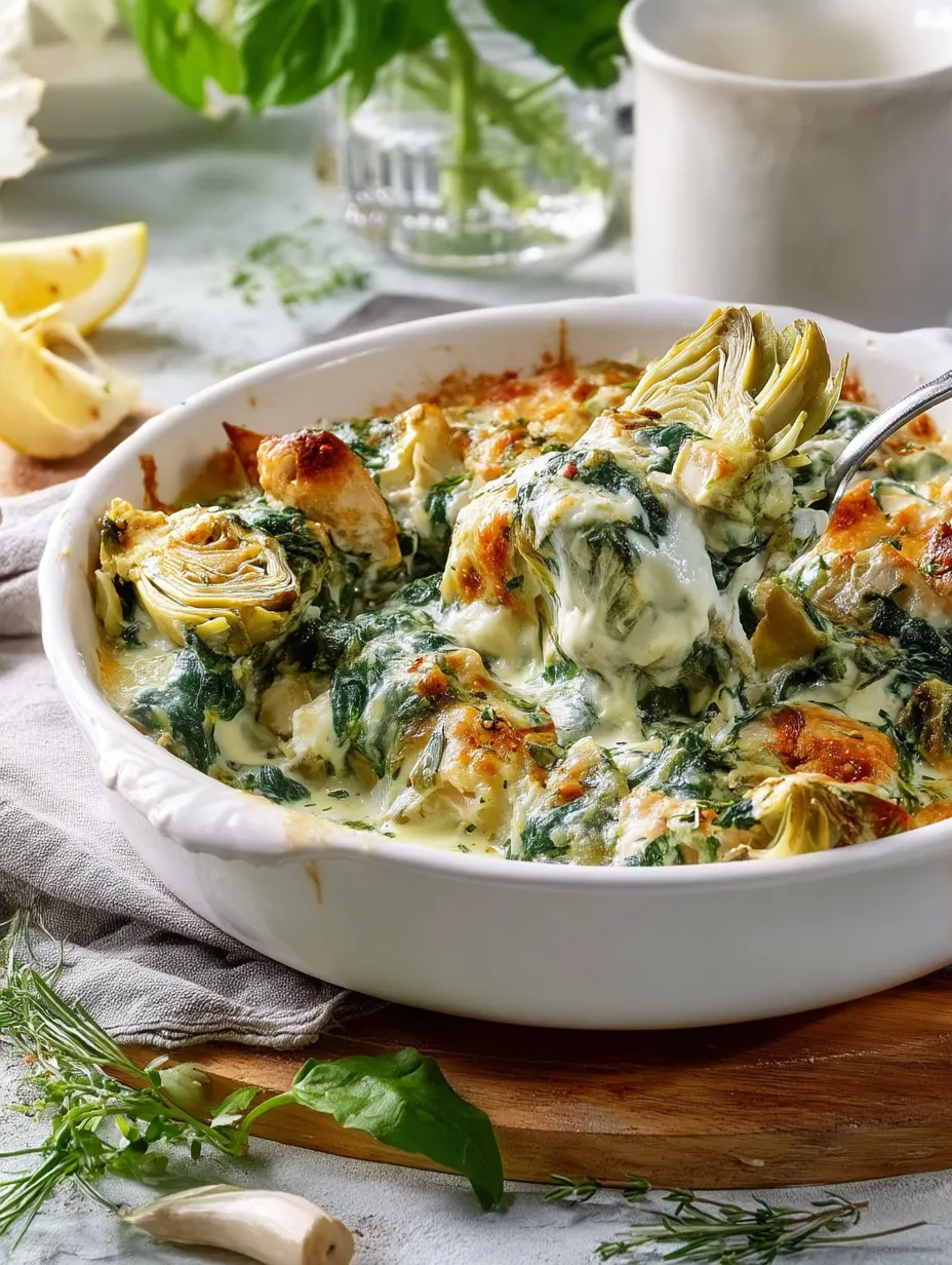 A white bowl spinach artichoke chicken.