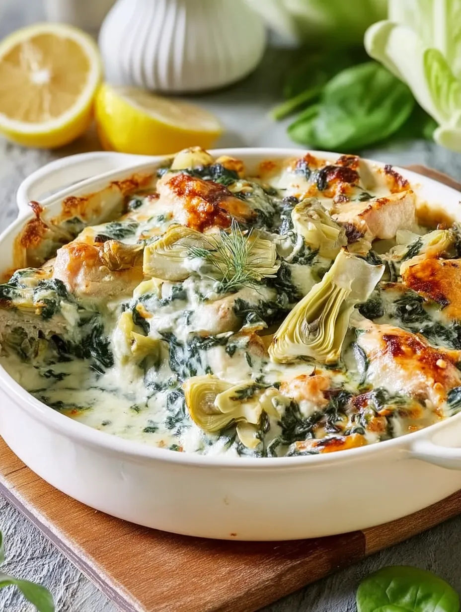 A bowl of spinach artichoke chicken.