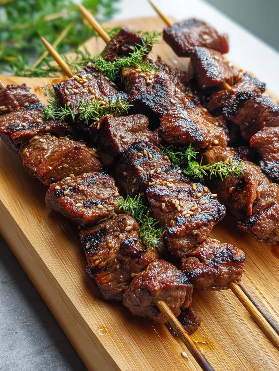 A wooden platter with a skewer of meat.