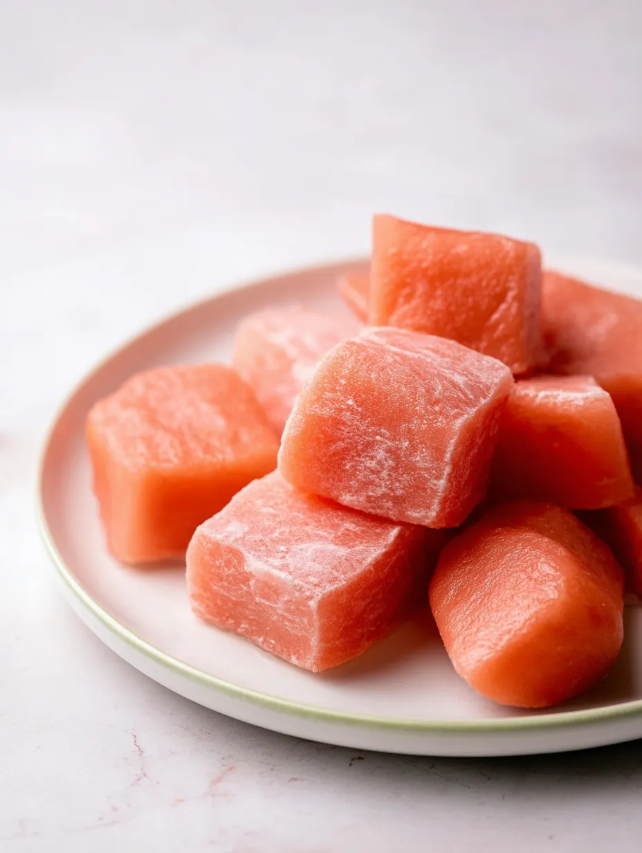 A plate of sliced watermelon mochi.